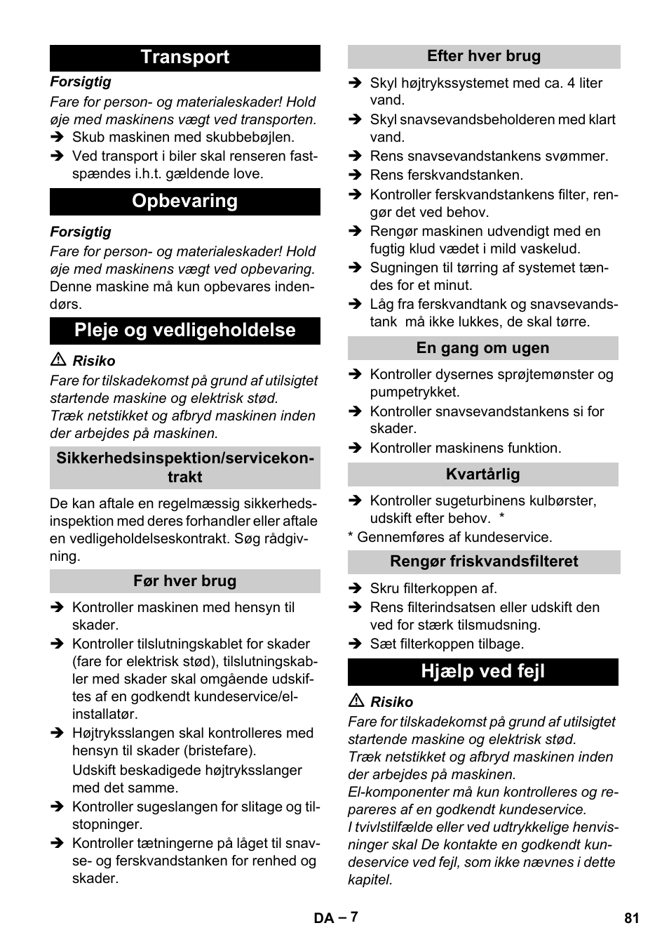 Transport opbevaring pleje og vedligeholdelse, Hjælp ved fejl | Karcher Vysokotlaký čistič AP 100-50 M antr- User Manual | Page 81 / 294