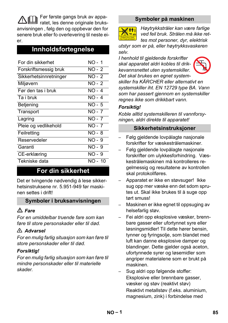 Innholdsfortegnelse, For din sikkerhet | Karcher Vysokotlaký čistič AP 100-50 M antr- User Manual | Page 85 / 294