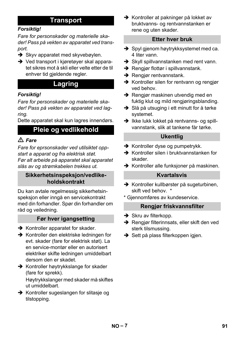 Transport lagring pleie og vedlikehold | Karcher Vysokotlaký čistič AP 100-50 M antr- User Manual | Page 91 / 294