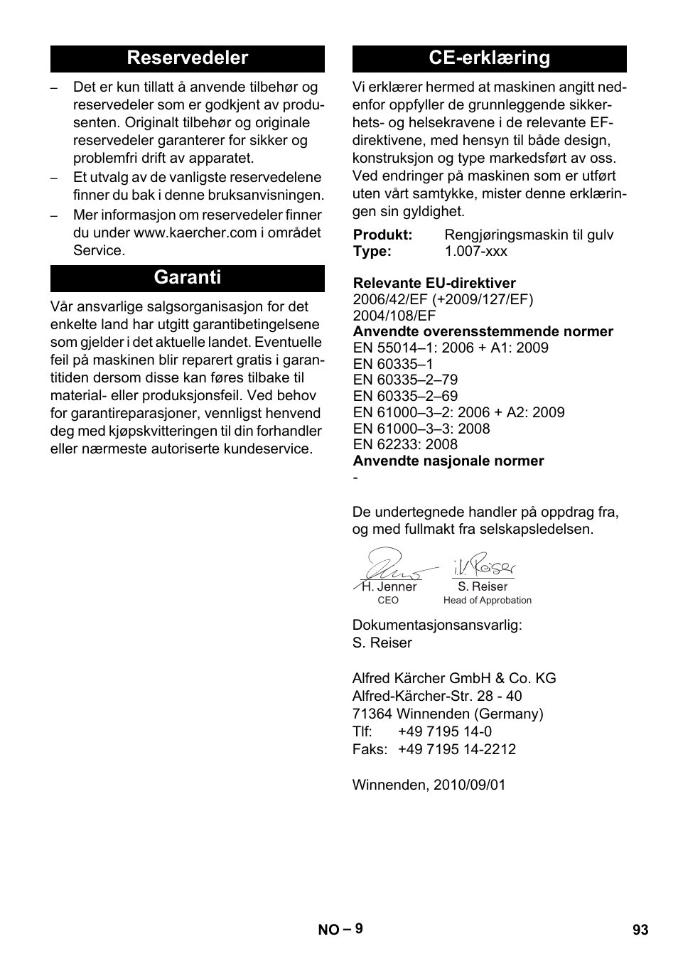 Reservedeler garanti ce-erklæring | Karcher Vysokotlaký čistič AP 100-50 M antr- User Manual | Page 93 / 294