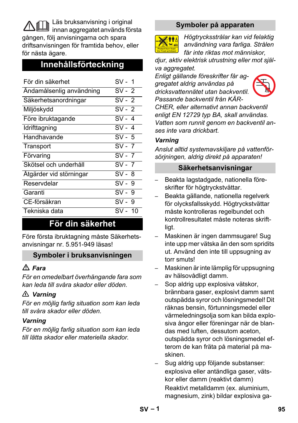 Innehållsförteckning, För din säkerhet | Karcher Vysokotlaký čistič AP 100-50 M antr- User Manual | Page 95 / 294