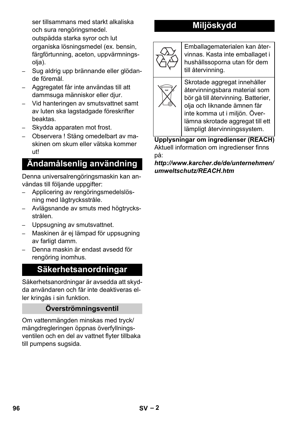 Ändamålsenlig användning säkerhetsanordningar, Miljöskydd | Karcher Vysokotlaký čistič AP 100-50 M antr- User Manual | Page 96 / 294