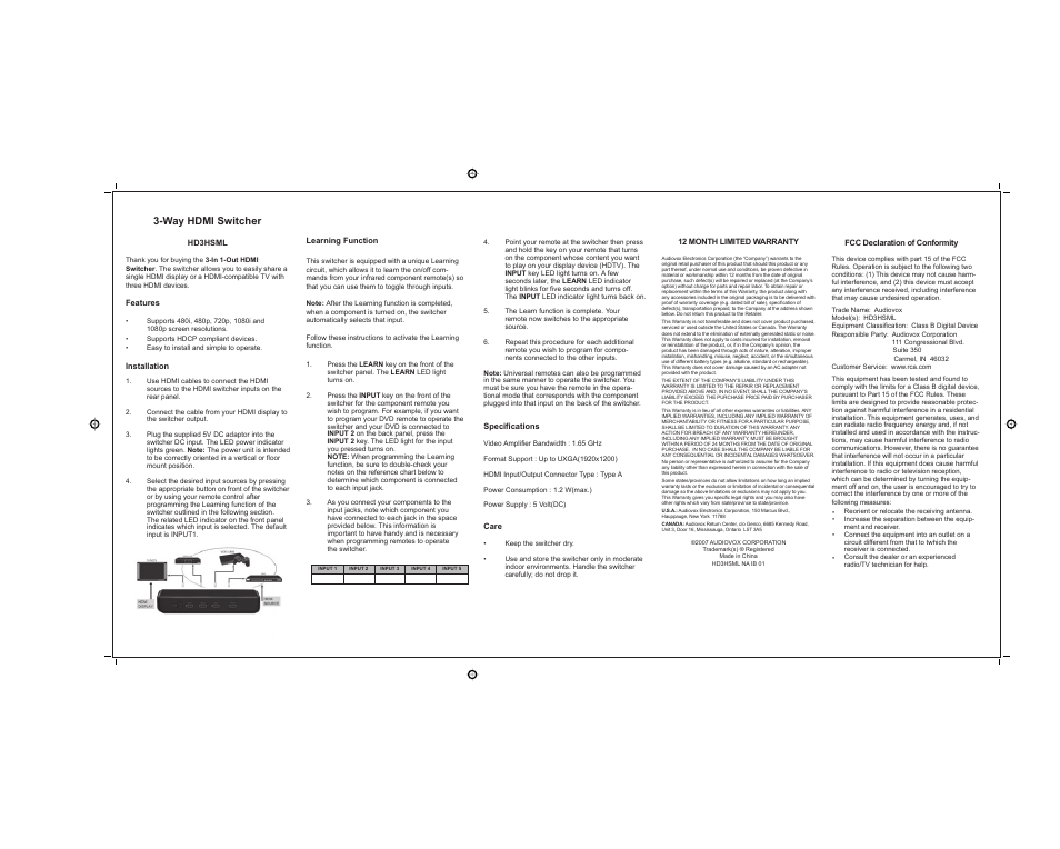 Audiovox HD3HSML User Manual | 1 page