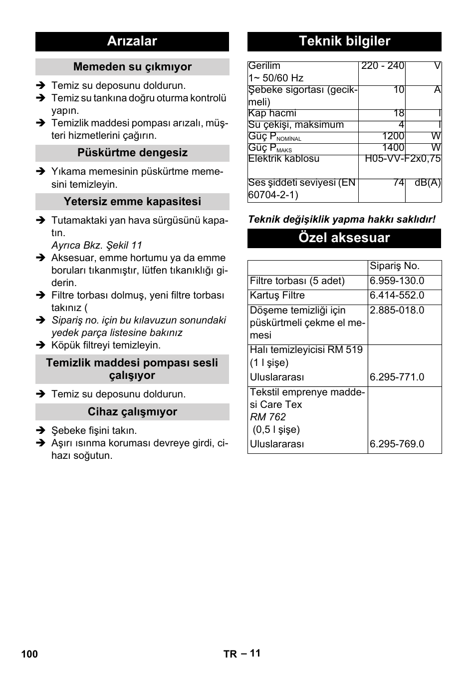 Arızalar, Teknik bilgiler, Özel aksesuar | Karcher SE 4002 User Manual | Page 100 / 226