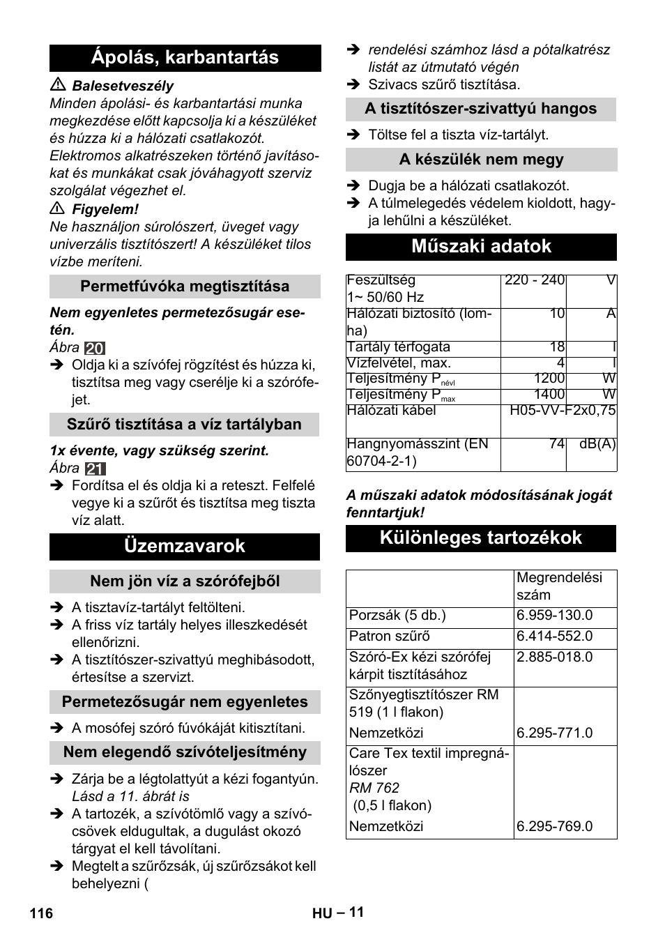 Ápolás, karbantartás, Üzemzavarok, Műszaki adatok | Különleges tartozékok | Karcher SE 4002 User Manual | Page 116 / 226