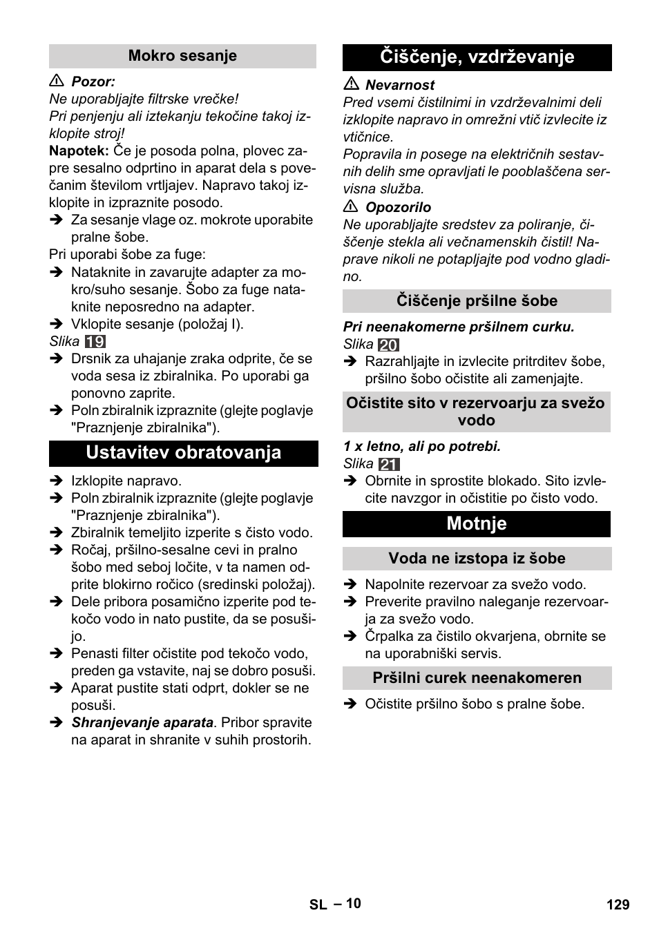 Ustavitev obratovanja čiščenje, vzdrževanje, Motnje | Karcher SE 4002 User Manual | Page 129 / 226