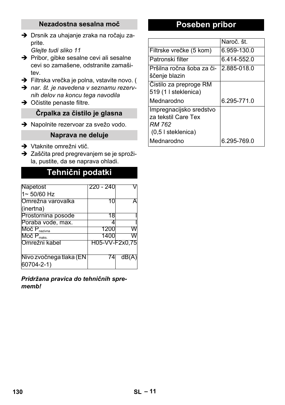 Tehnični podatki, Poseben pribor | Karcher SE 4002 User Manual | Page 130 / 226