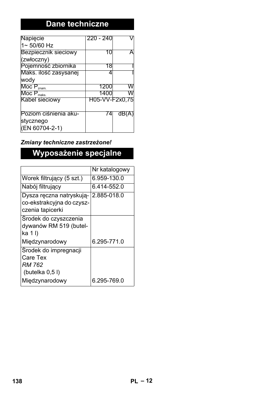 Dane techniczne, Wyposażenie specjalne | Karcher SE 4002 User Manual | Page 138 / 226