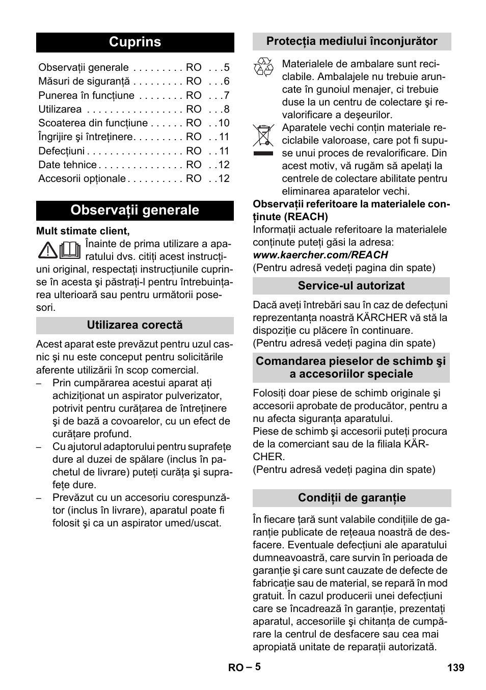 Româneşte, Cuprins, Observaţii generale | Karcher SE 4002 User Manual | Page 139 / 226