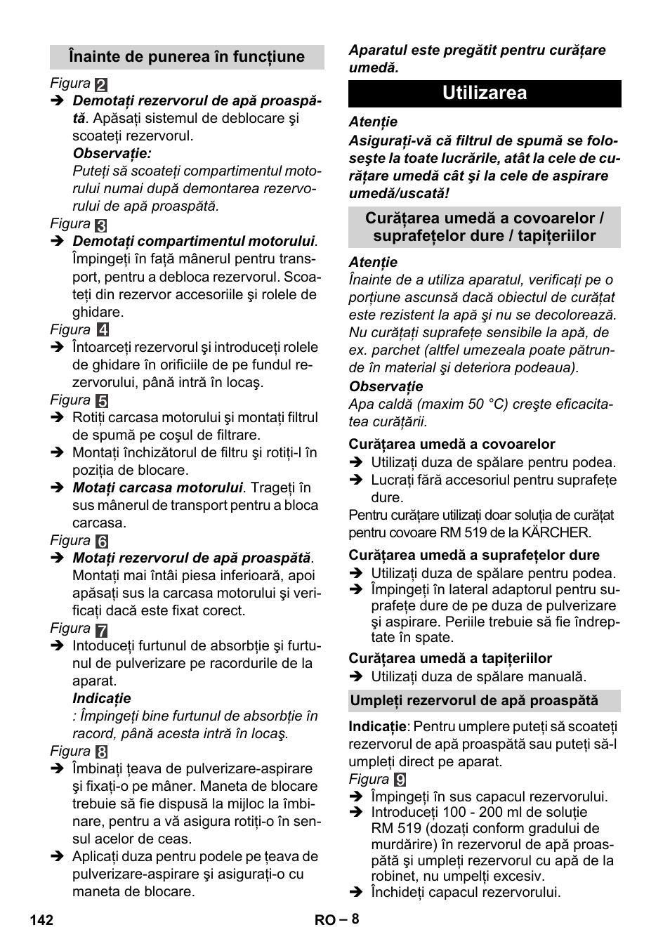 Utilizarea | Karcher SE 4002 User Manual | Page 142 / 226