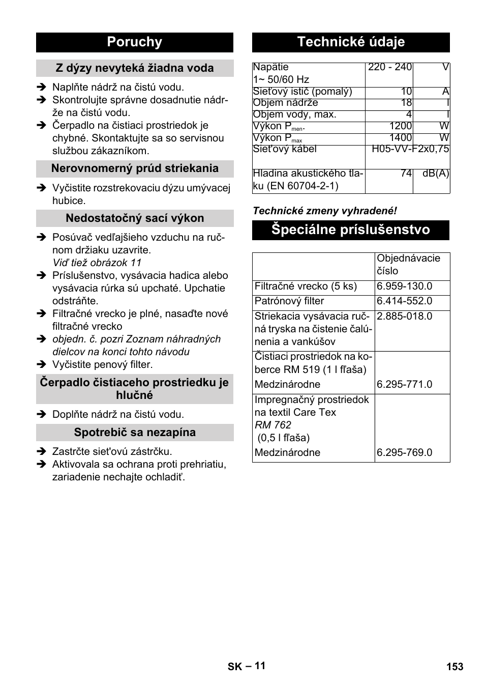 Poruchy, Technické údaje, Špeciálne príslušenstvo | Karcher SE 4002 User Manual | Page 153 / 226