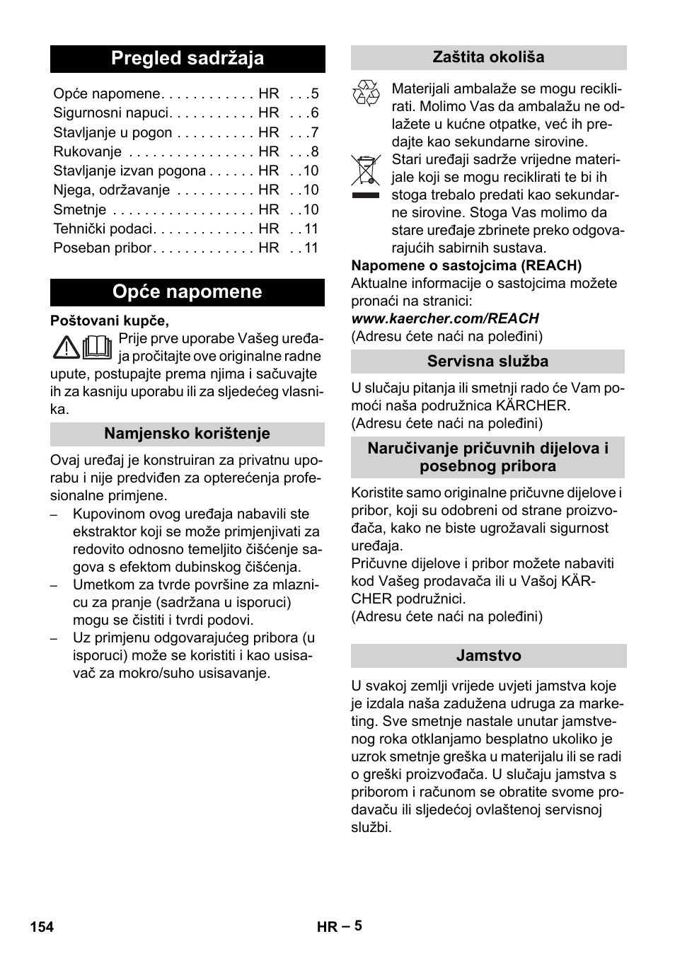 Hrvatski, Pregled sadržaja, Opće napomene | Karcher SE 4002 User Manual | Page 154 / 226