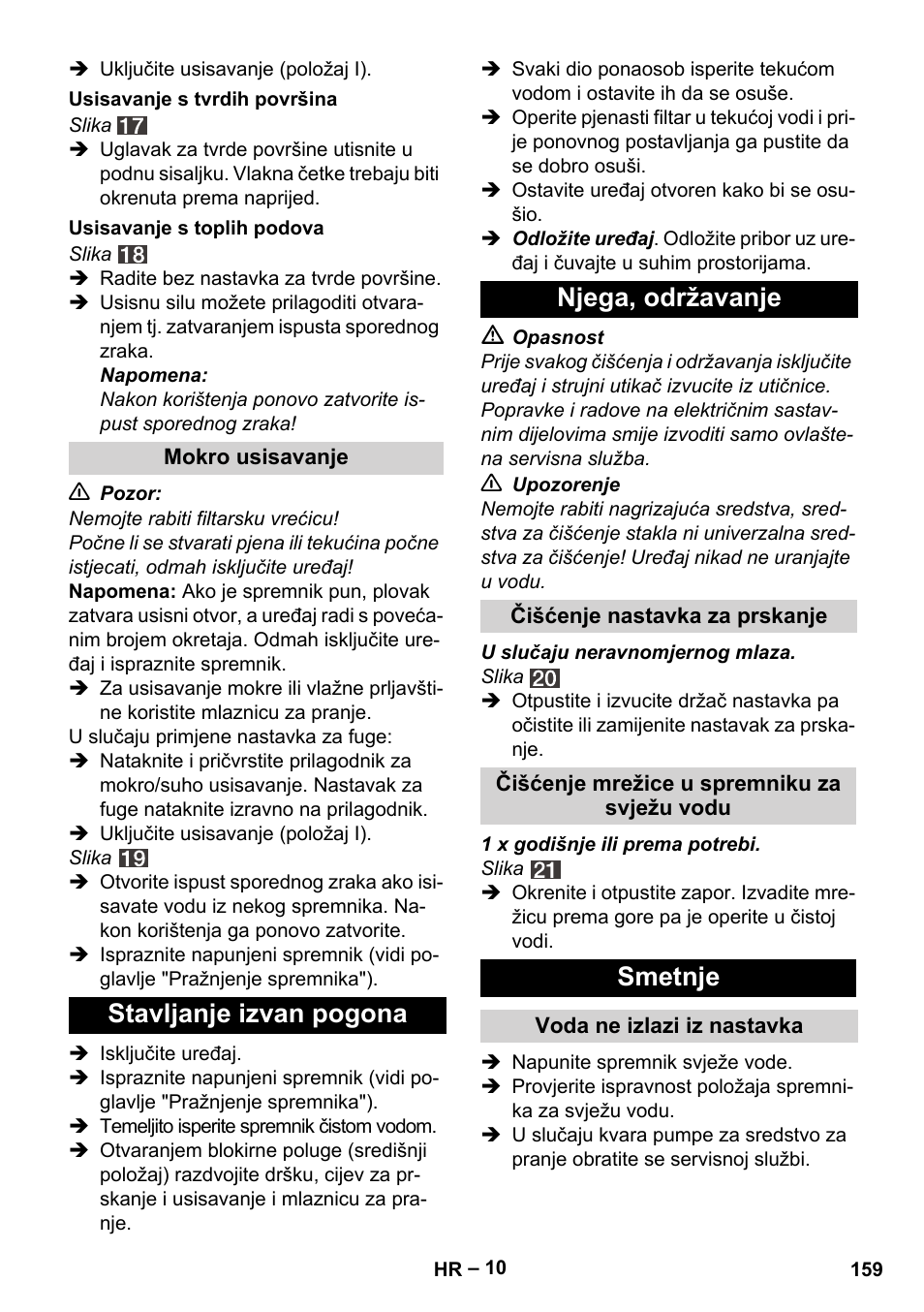 Stavljanje izvan pogona njega, održavanje, Smetnje | Karcher SE 4002 User Manual | Page 159 / 226