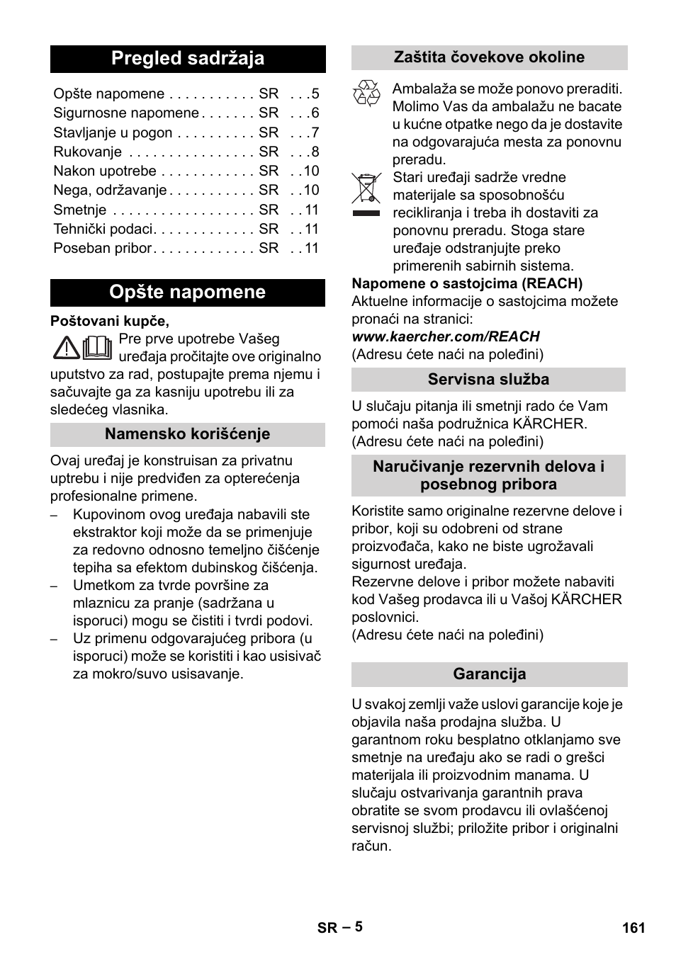 Srpski, Pregled sadržaja, Opšte napomene | Karcher SE 4002 User Manual | Page 161 / 226