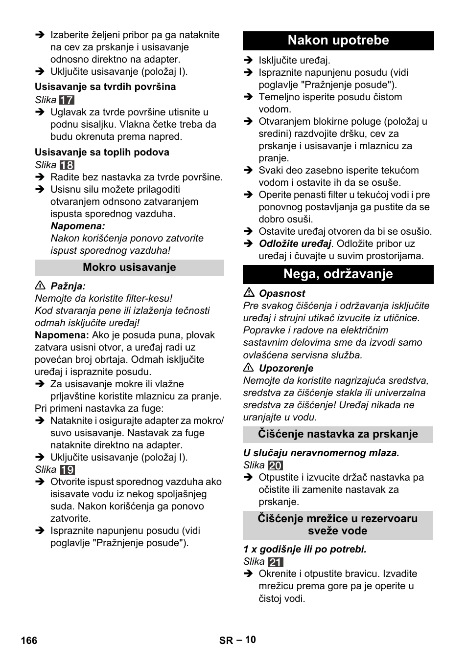 Nakon upotrebe nega, održavanje | Karcher SE 4002 User Manual | Page 166 / 226