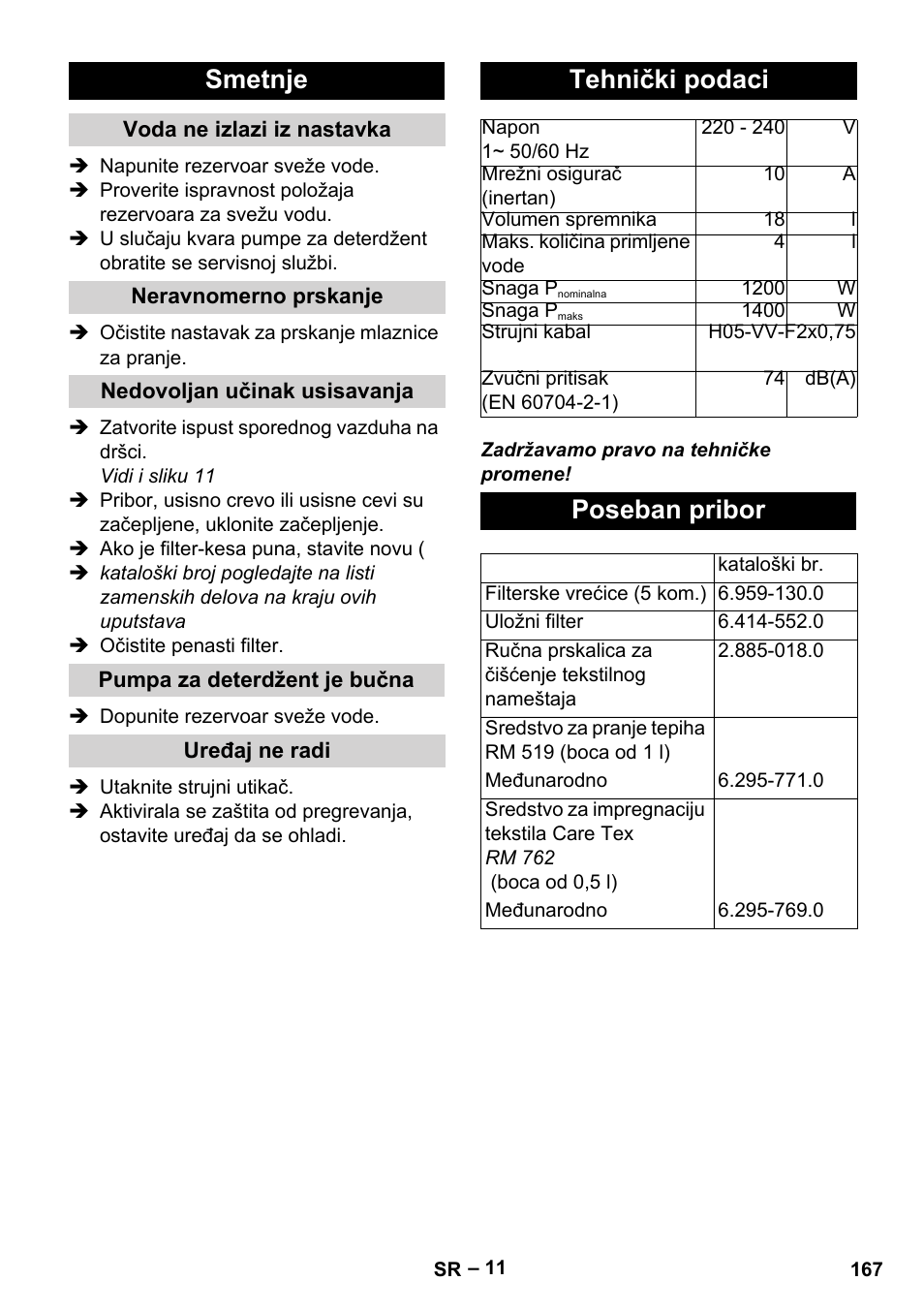 Smetnje, Tehnički podaci, Poseban pribor | Karcher SE 4002 User Manual | Page 167 / 226