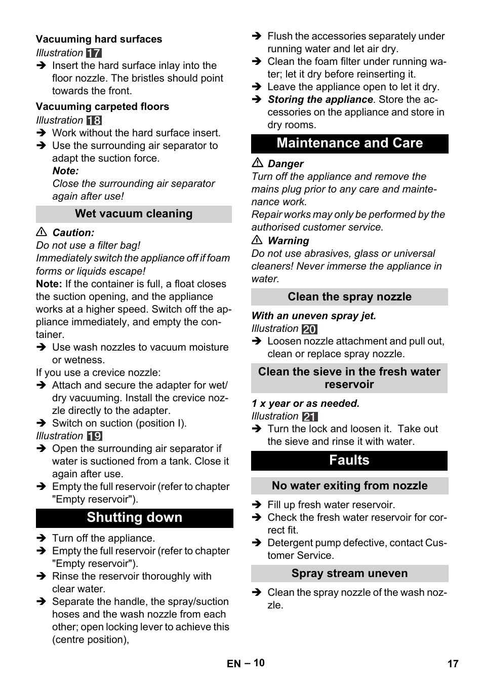 Shutting down maintenance and care, Faults | Karcher SE 4002 User Manual | Page 17 / 226