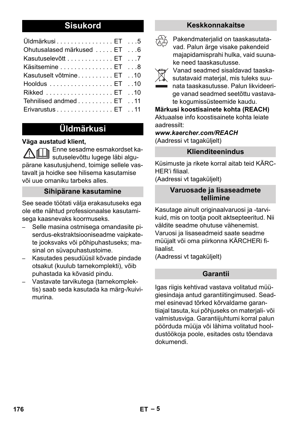 Eesti, Sisukord, Üldmärkusi | Karcher SE 4002 User Manual | Page 176 / 226