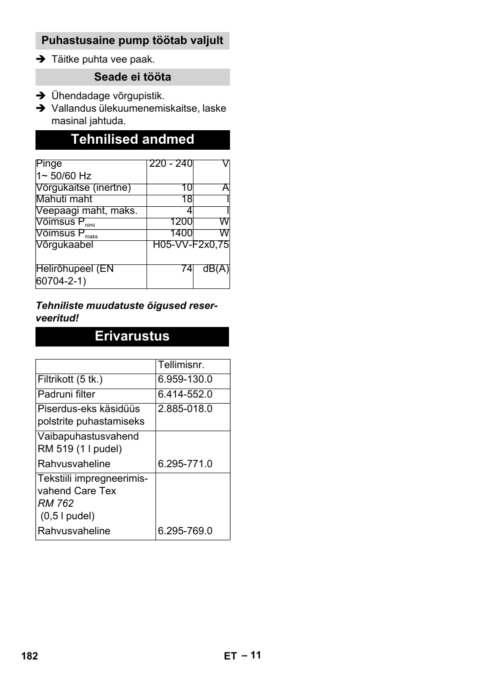 Tehnilised andmed, Erivarustus | Karcher SE 4002 User Manual | Page 182 / 226