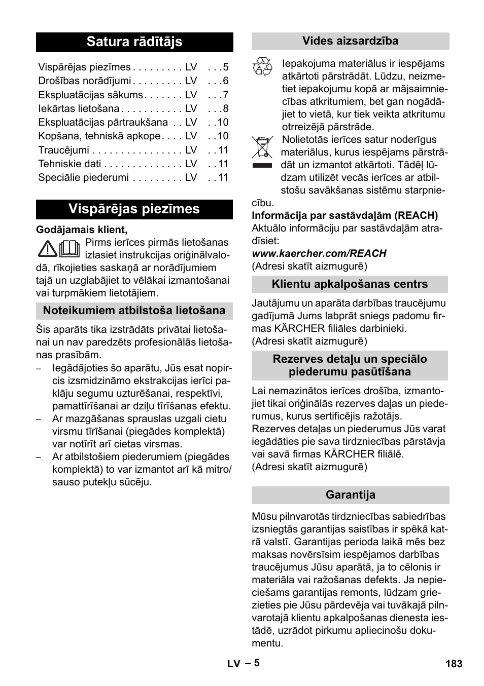 Latviešu, Satura rādītājs, Vispārējas piezīmes | Karcher SE 4002 User Manual | Page 183 / 226