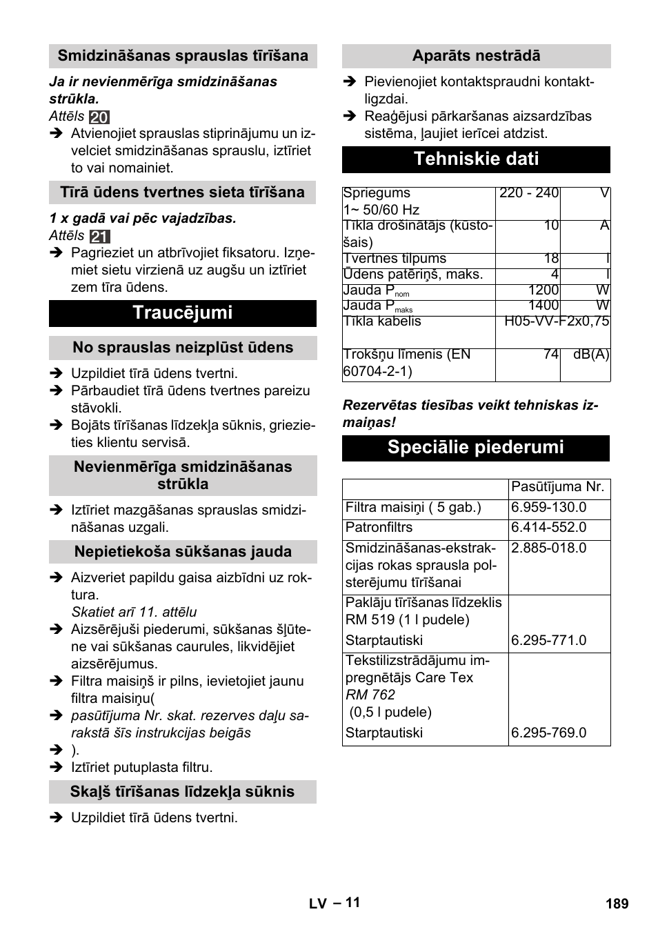 Traucējumi, Tehniskie dati, Speciālie piederumi | Karcher SE 4002 User Manual | Page 189 / 226