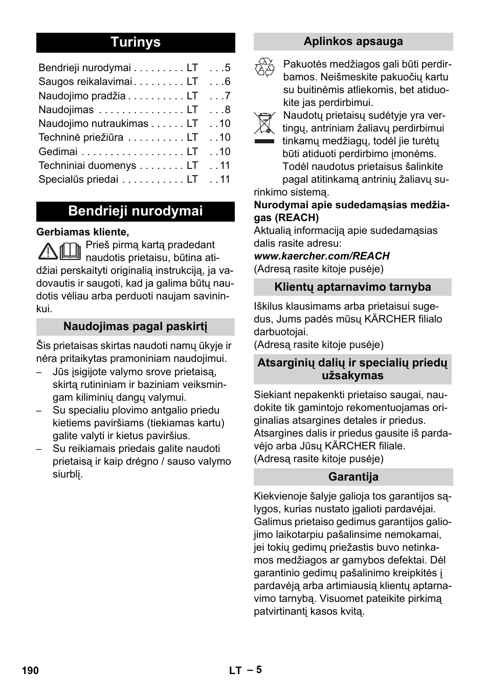 Lietuviškai, Turinys, Bendrieji nurodymai | Karcher SE 4002 User Manual | Page 190 / 226