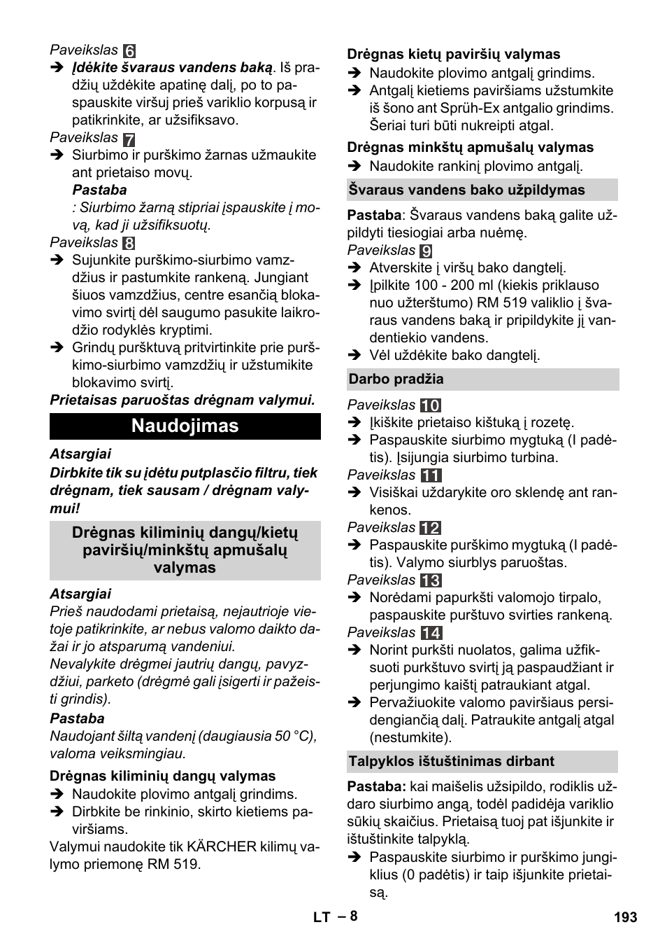 Naudojimas | Karcher SE 4002 User Manual | Page 193 / 226