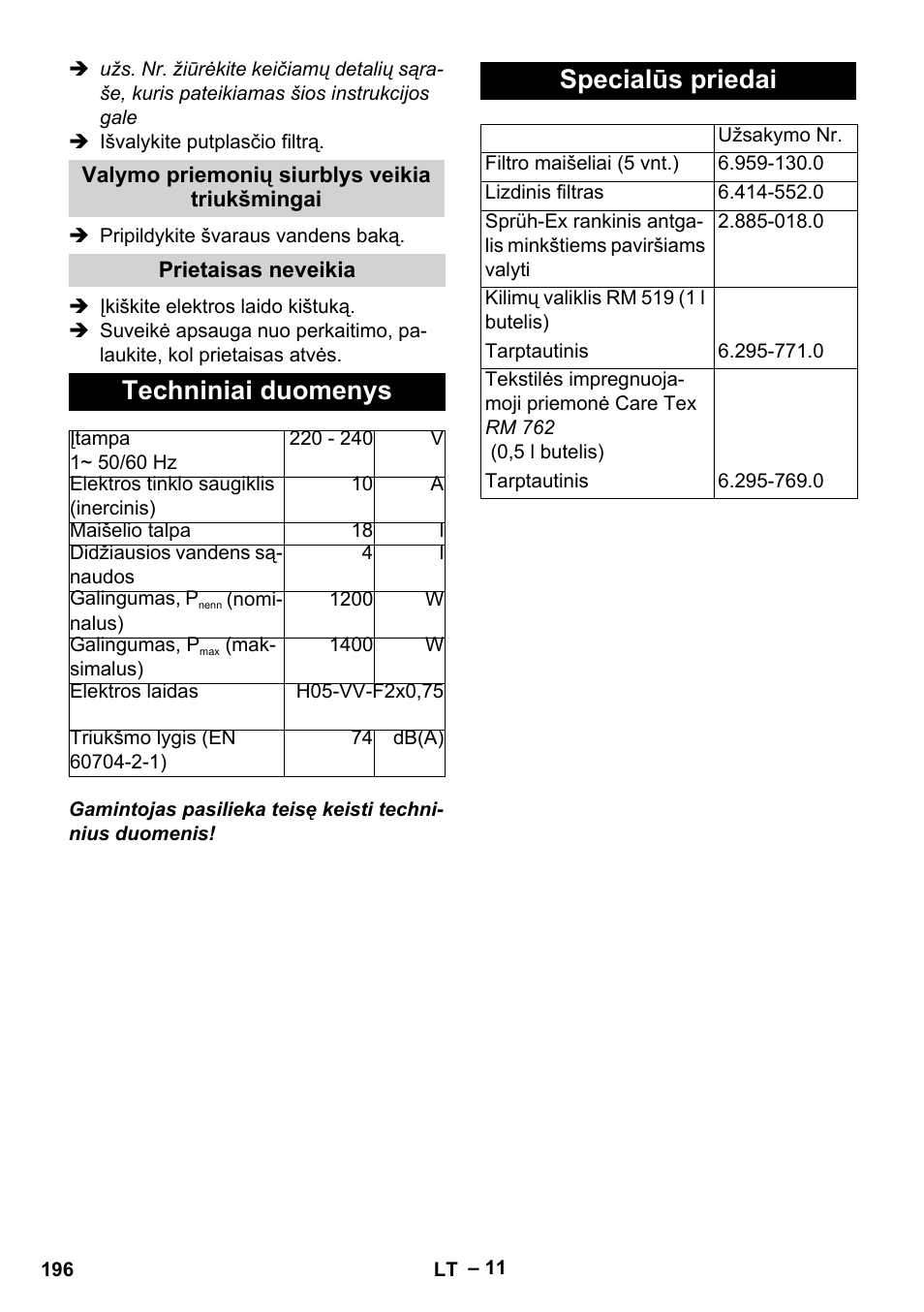 Techniniai duomenys, Specialūs priedai | Karcher SE 4002 User Manual | Page 196 / 226