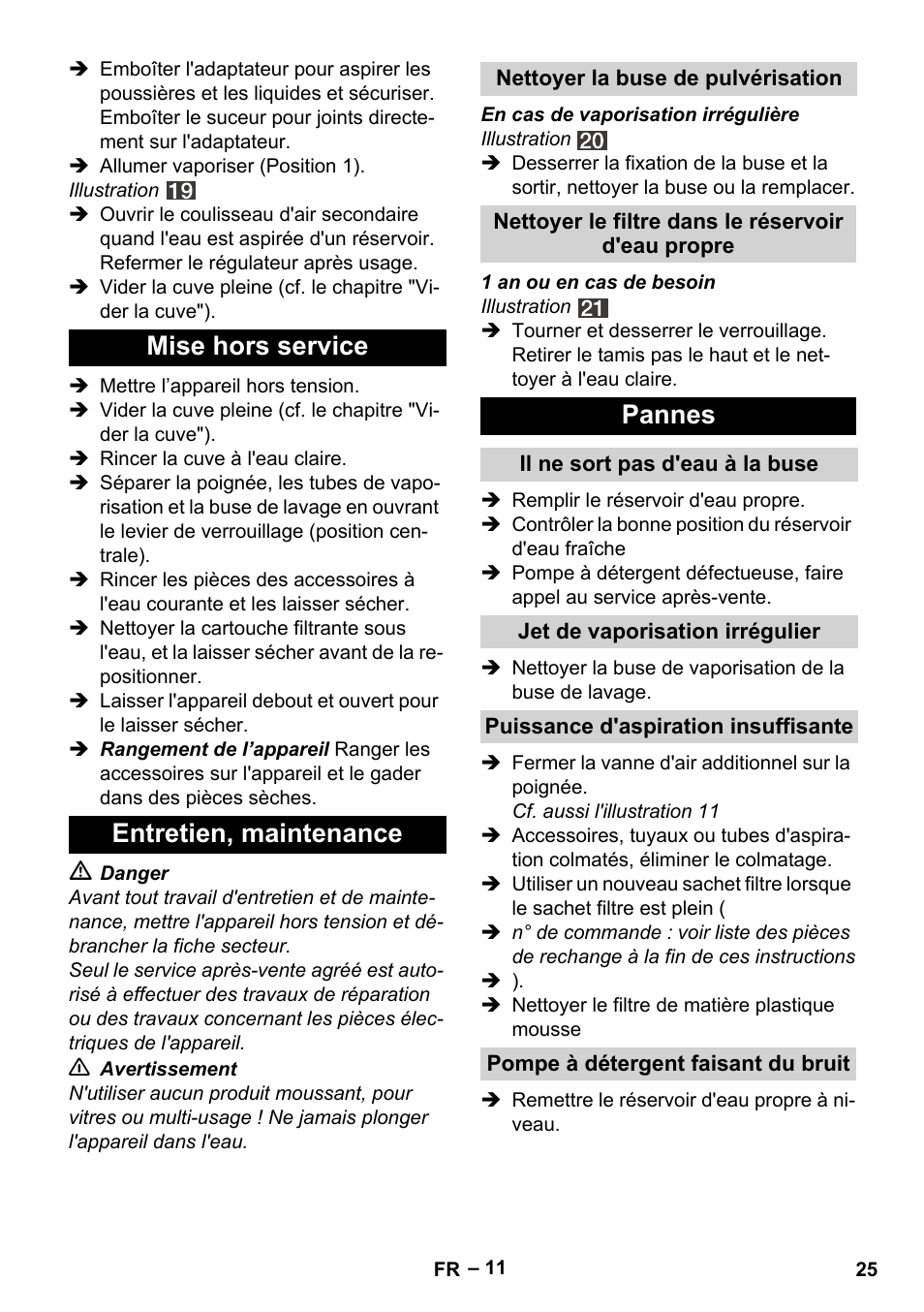 Mise hors service entretien, maintenance, Pannes | Karcher SE 4002 User Manual | Page 25 / 226