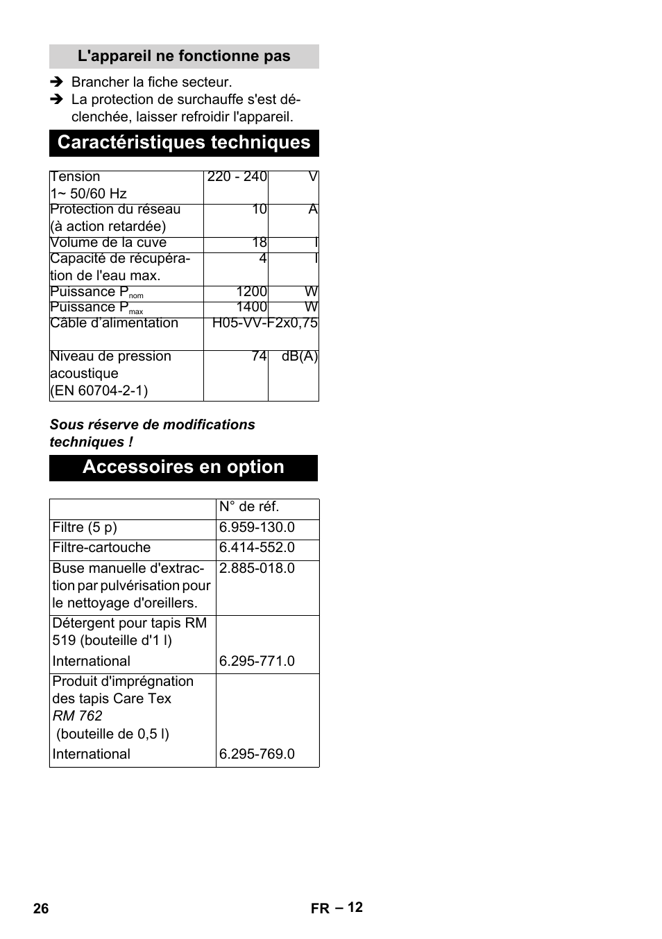 Caractéristiques techniques, Accessoires en option | Karcher SE 4002 User Manual | Page 26 / 226