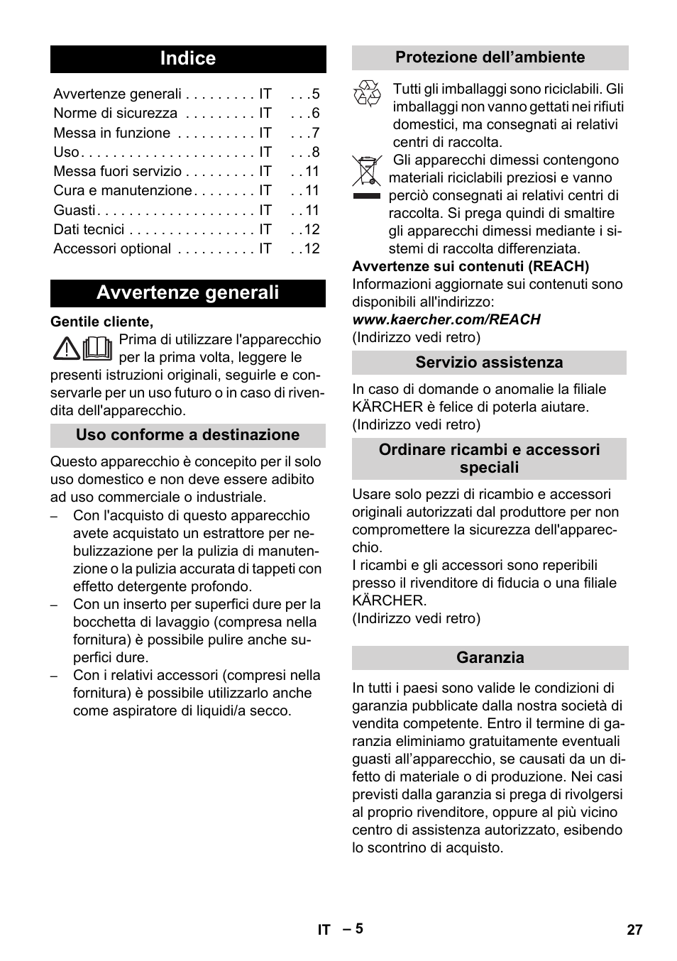 Italiano, Indice, Avvertenze generali | Karcher SE 4002 User Manual | Page 27 / 226