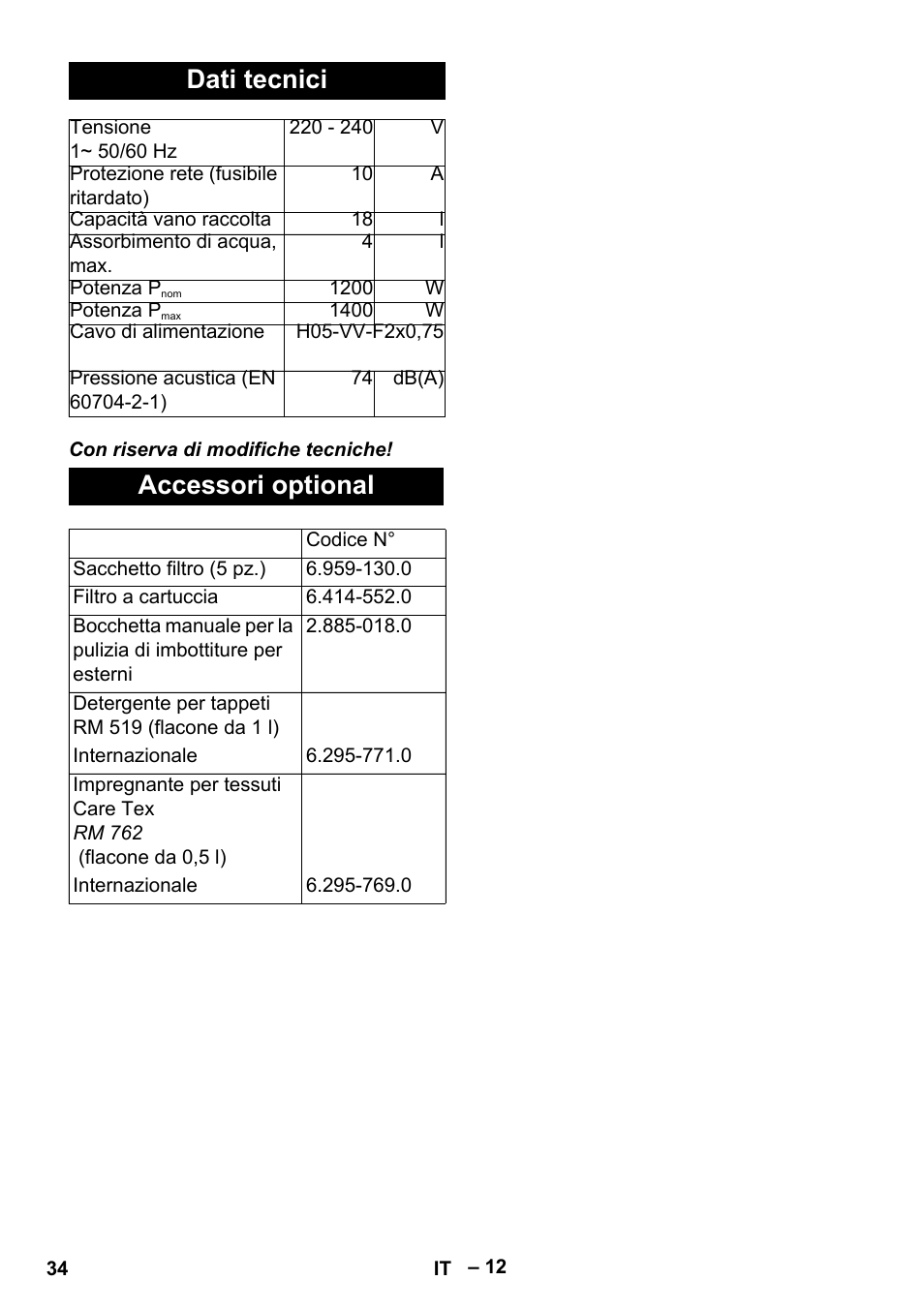 Dati tecnici, Accessori optional | Karcher SE 4002 User Manual | Page 34 / 226
