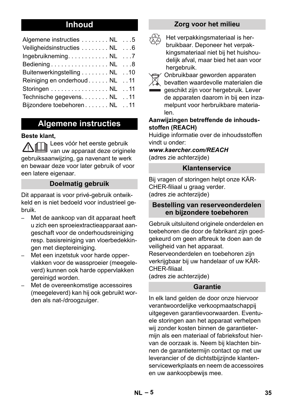 Nederlands, Inhoud, Algemene instructies | Karcher SE 4002 User Manual | Page 35 / 226