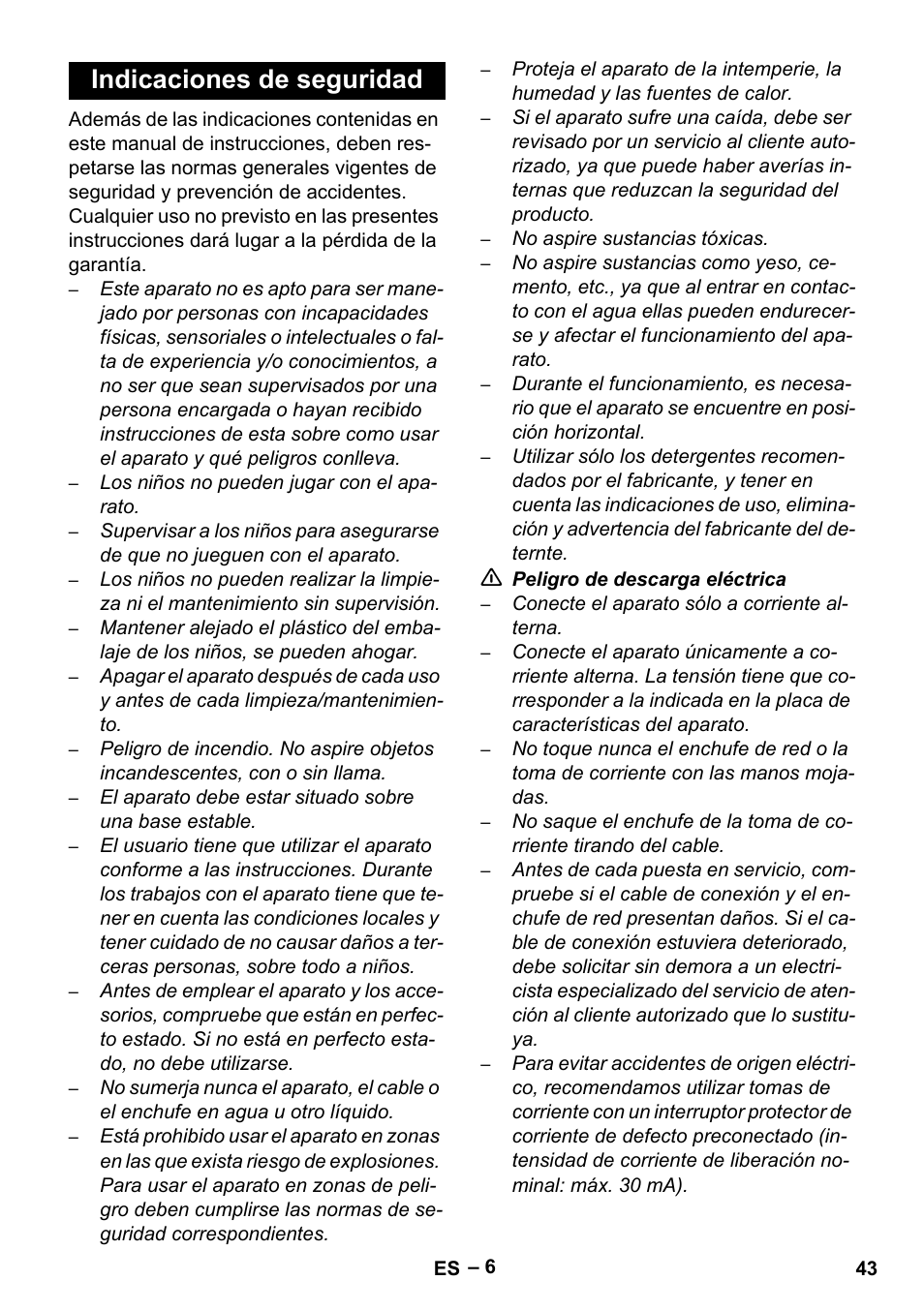 Indicaciones de seguridad | Karcher SE 4002 User Manual | Page 43 / 226