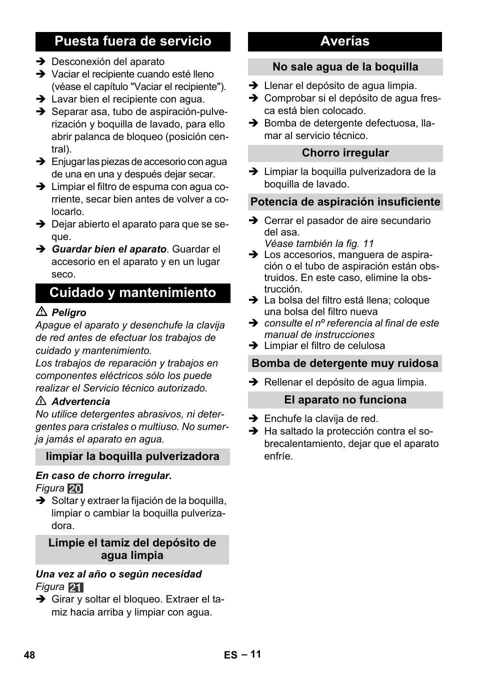 Puesta fuera de servicio cuidado y mantenimiento, Averías | Karcher SE 4002 User Manual | Page 48 / 226