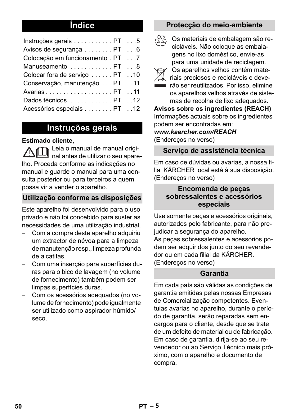 Português, Índice, Instruções gerais | Karcher SE 4002 User Manual | Page 50 / 226