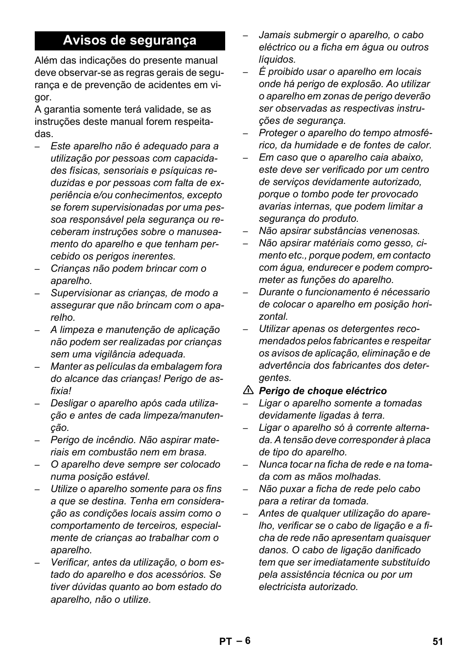 Avisos de segurança | Karcher SE 4002 User Manual | Page 51 / 226