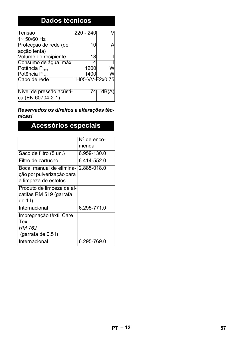 Dados técnicos, Acessórios especiais | Karcher SE 4002 User Manual | Page 57 / 226