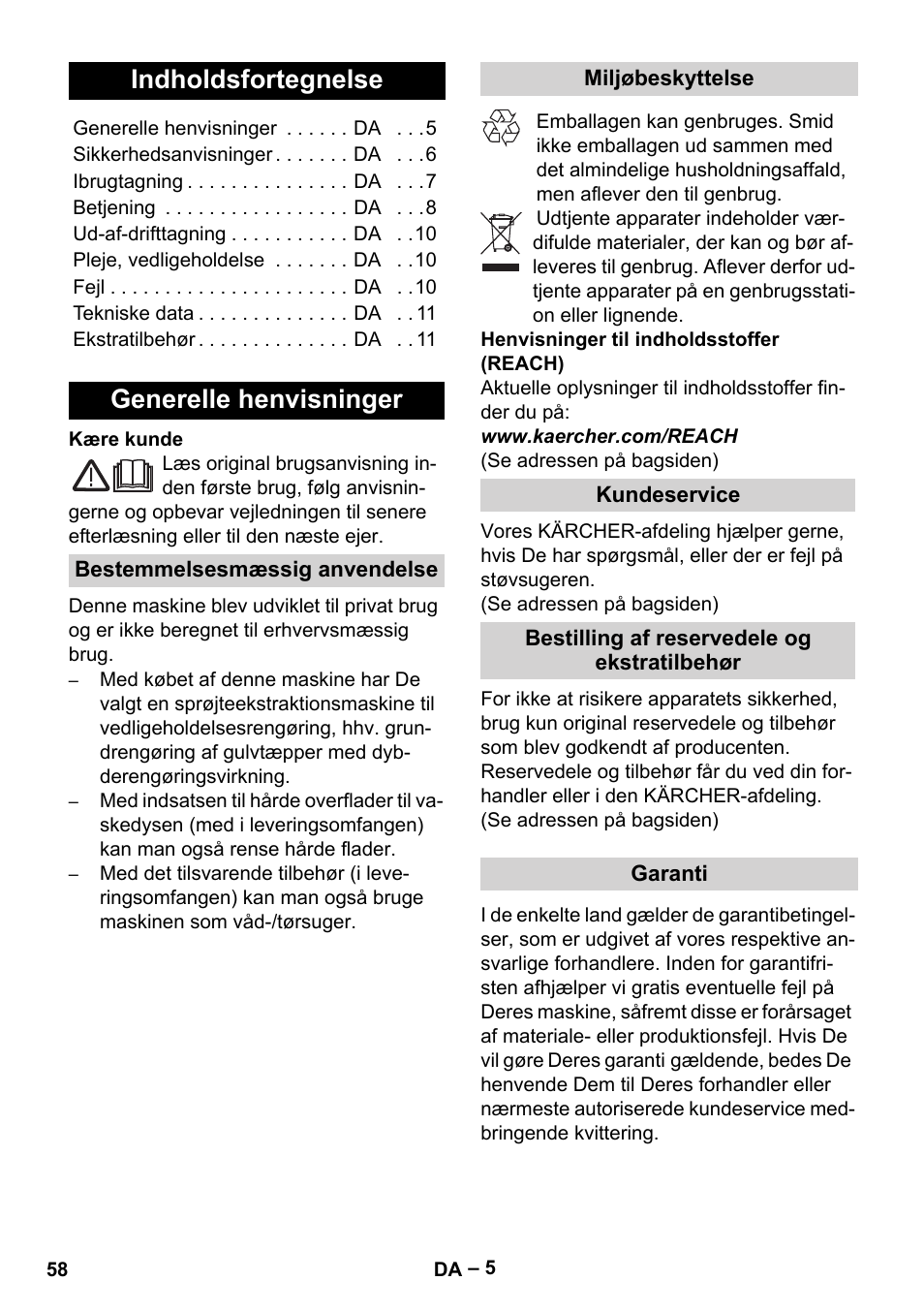 Dansk, Indholdsfortegnelse, Generelle henvisninger | Karcher SE 4002 User Manual | Page 58 / 226