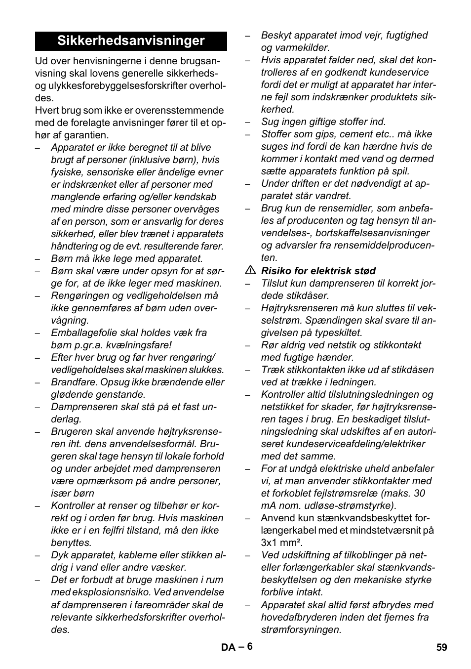 Sikkerhedsanvisninger | Karcher SE 4002 User Manual | Page 59 / 226