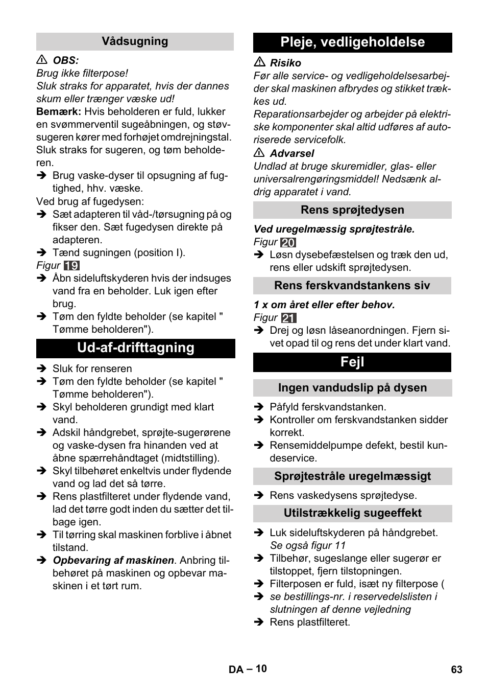 Ud-af-drifttagning pleje, vedligeholdelse, Fejl | Karcher SE 4002 User Manual | Page 63 / 226