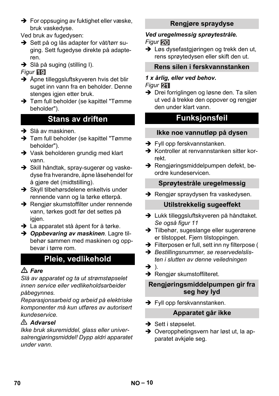 Stans av driften pleie, vedlikehold, Funksjonsfeil | Karcher SE 4002 User Manual | Page 70 / 226