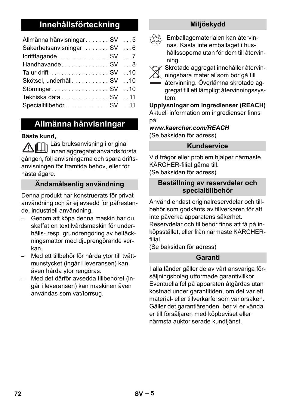 Svenska, Innehållsförteckning, Allmänna hänvisningar | Karcher SE 4002 User Manual | Page 72 / 226