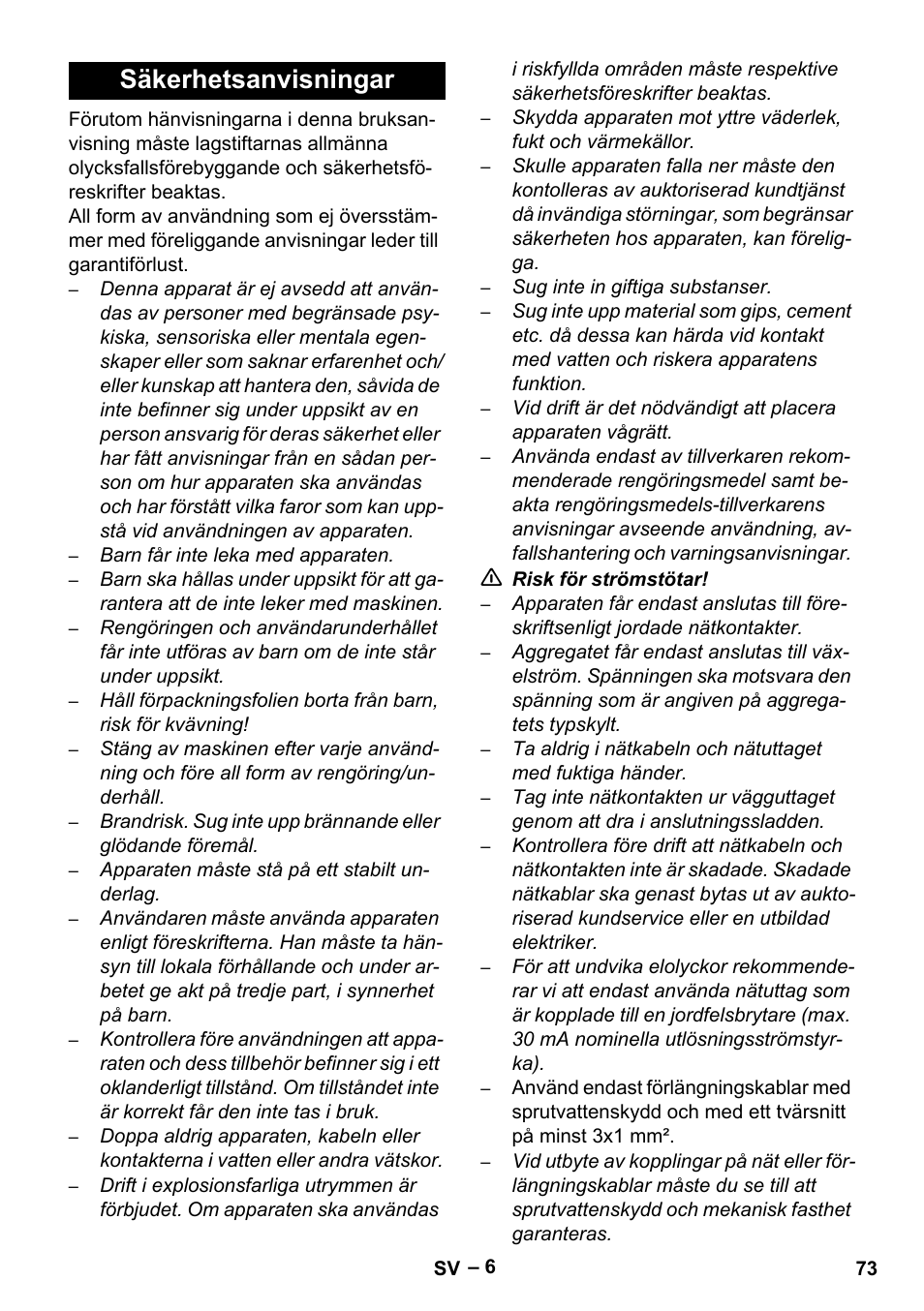 Säkerhetsanvisningar | Karcher SE 4002 User Manual | Page 73 / 226