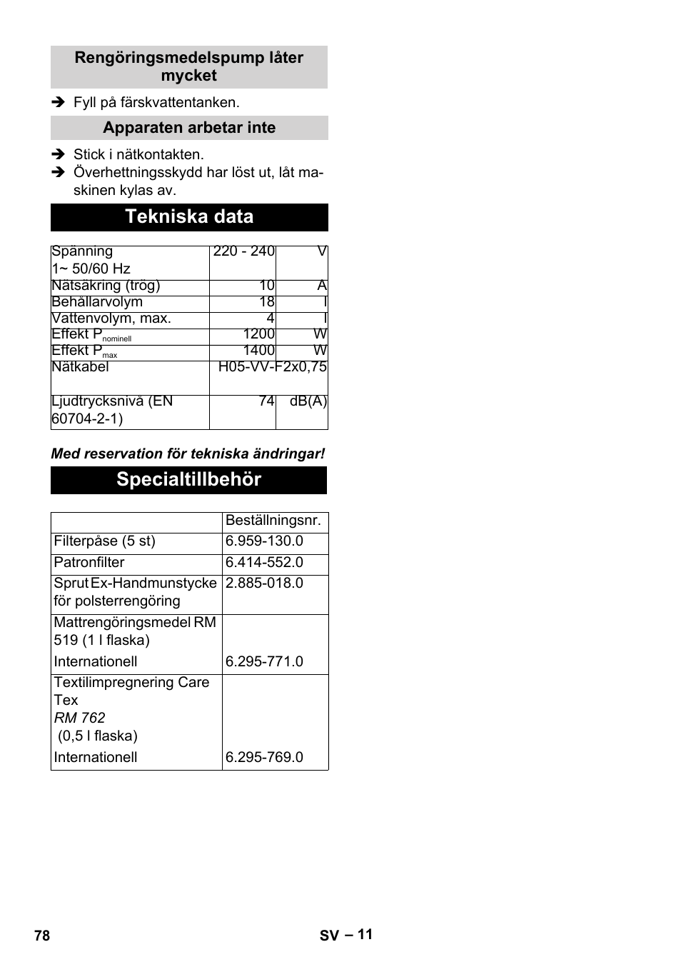 Tekniska data, Specialtillbehör | Karcher SE 4002 User Manual | Page 78 / 226