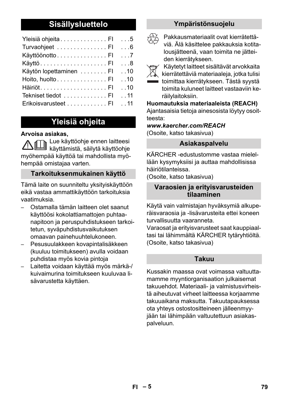 Suomi, Sisällysluettelo, Yleisiä ohjeita | Karcher SE 4002 User Manual | Page 79 / 226