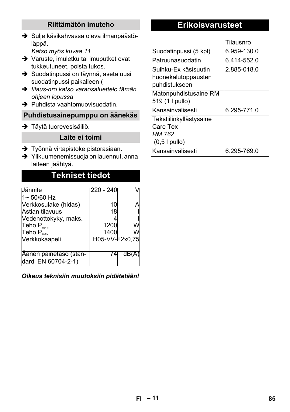 Tekniset tiedot, Erikoisvarusteet | Karcher SE 4002 User Manual | Page 85 / 226