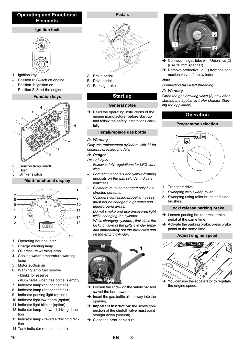 Operating and functional elements, Start up, Operation | Karcher KM 130-300 R Lpg User Manual | Page 10 / 152