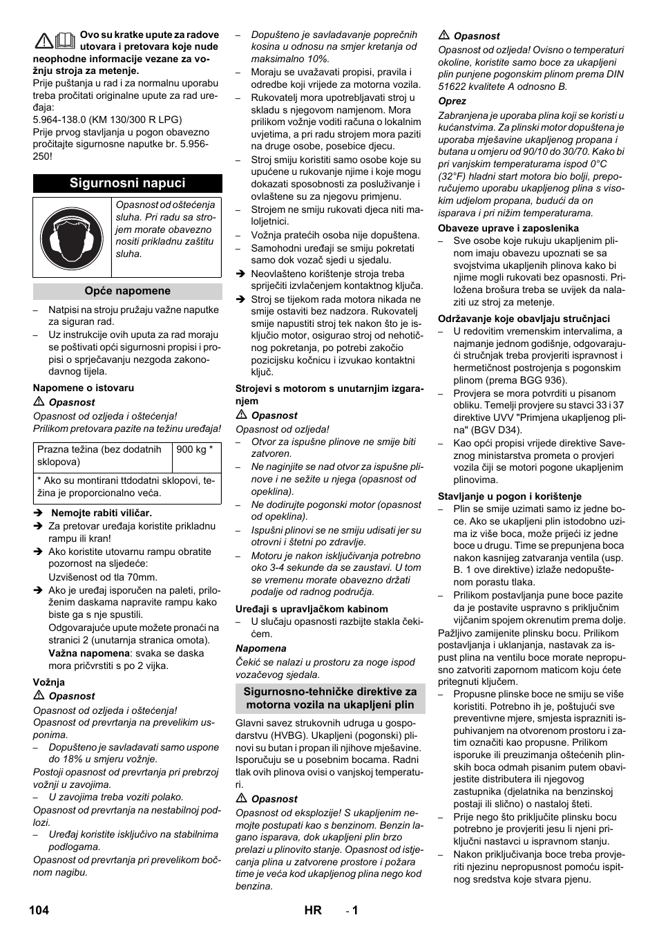 Hrvatski, Sigurnosni napuci | Karcher KM 130-300 R Lpg User Manual | Page 104 / 152