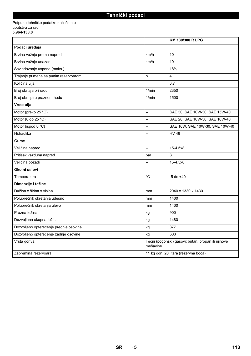 Tehnički podaci | Karcher KM 130-300 R Lpg User Manual | Page 113 / 152